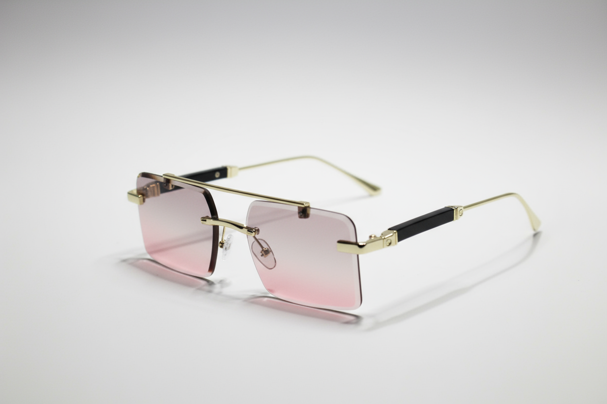Three piece Cartier sunglasses – with golden Frame and pink Gradient Lenses.